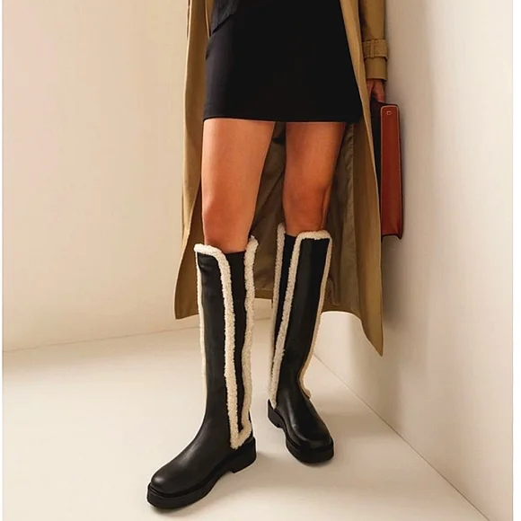 NWT$495 STAUD Women's Palamino Shearling Trim Black Cream Riding Boots Sz 36, 6 - Picture 2 of 16